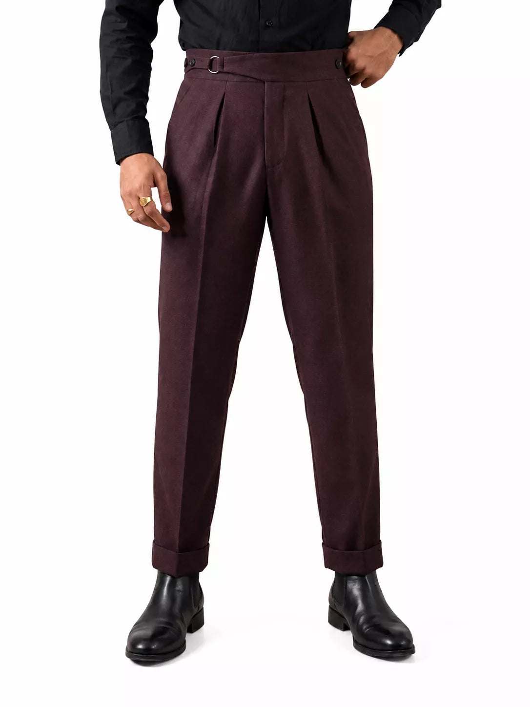 Double Pleat High-Waist Trousers | Burgundy & Black - Men's High-Waist Double Pleat Trousers | Dress Pants | AlexShogun Alex Shogun Men's Clothes