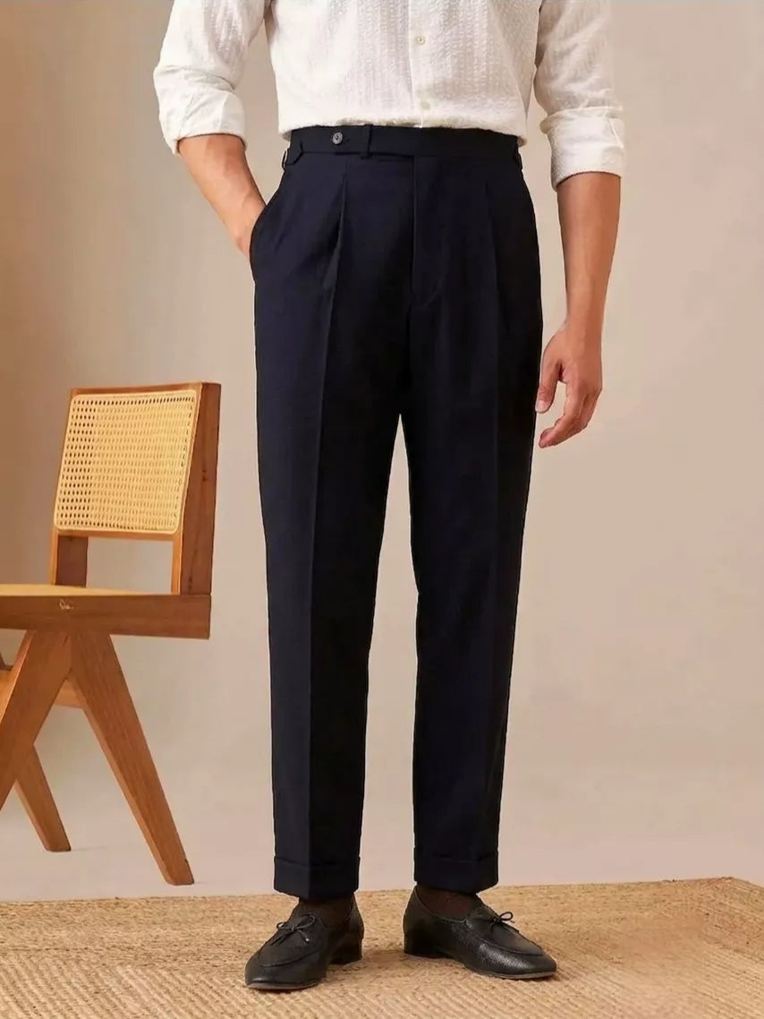 Sovereign Pleat Trousers — Black & Navy - Men's High-Waist Pleated Wool Blend Trousers | Dress Pants AlexShogun Alex Shogun Men's Clothes
