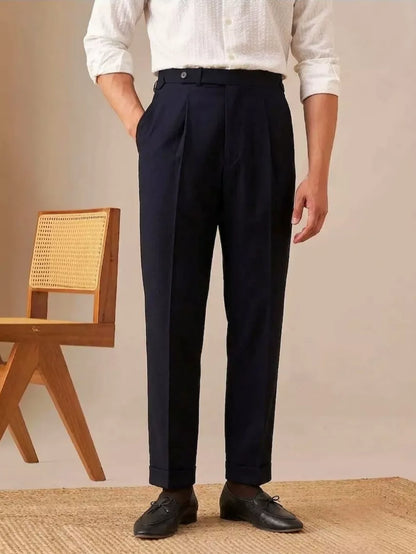 Sovereign Pleat Trousers — Black & Navy - Men's High-Waist Pleated Wool Blend Trousers | Dress Pants AlexShogun Alex Shogun Men's Clothes