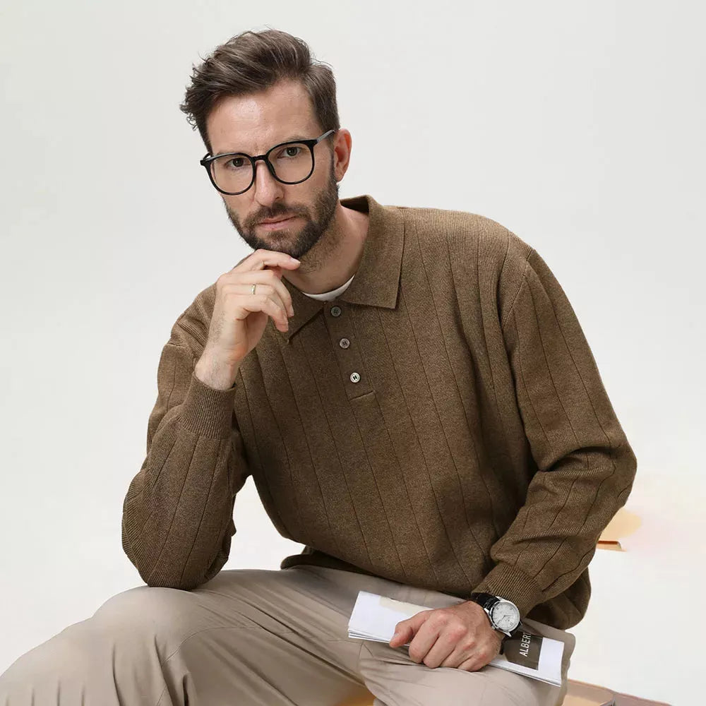 Polo Collar Sweater Vertical Ribbed - Polo Collar Sweater Vertical Ribbed Alex Shogun Men's Clothes
