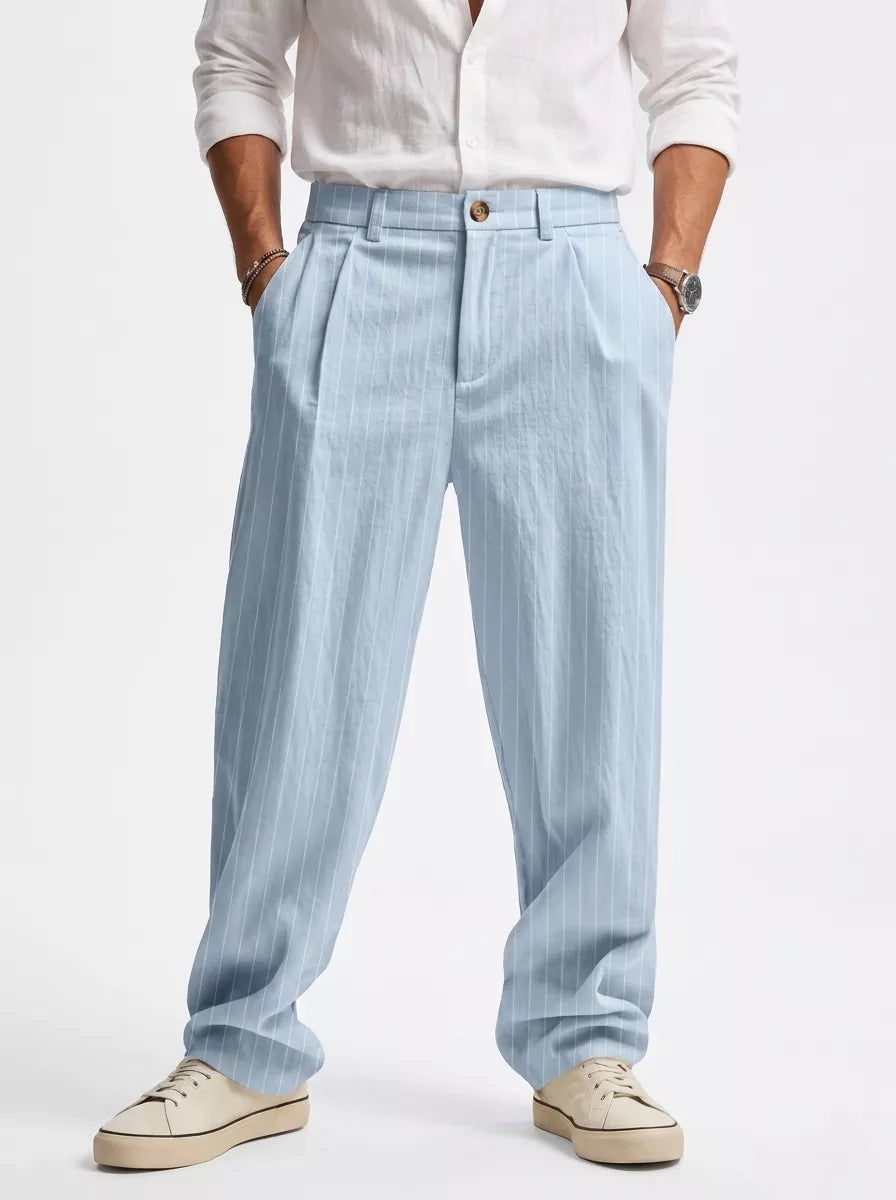 The Linear Pinstripe Trousers - Men's Pinstripe Linen Trousers | Wide leg Minimalist | Alex Shogun Alex Shogun Men's Clothes