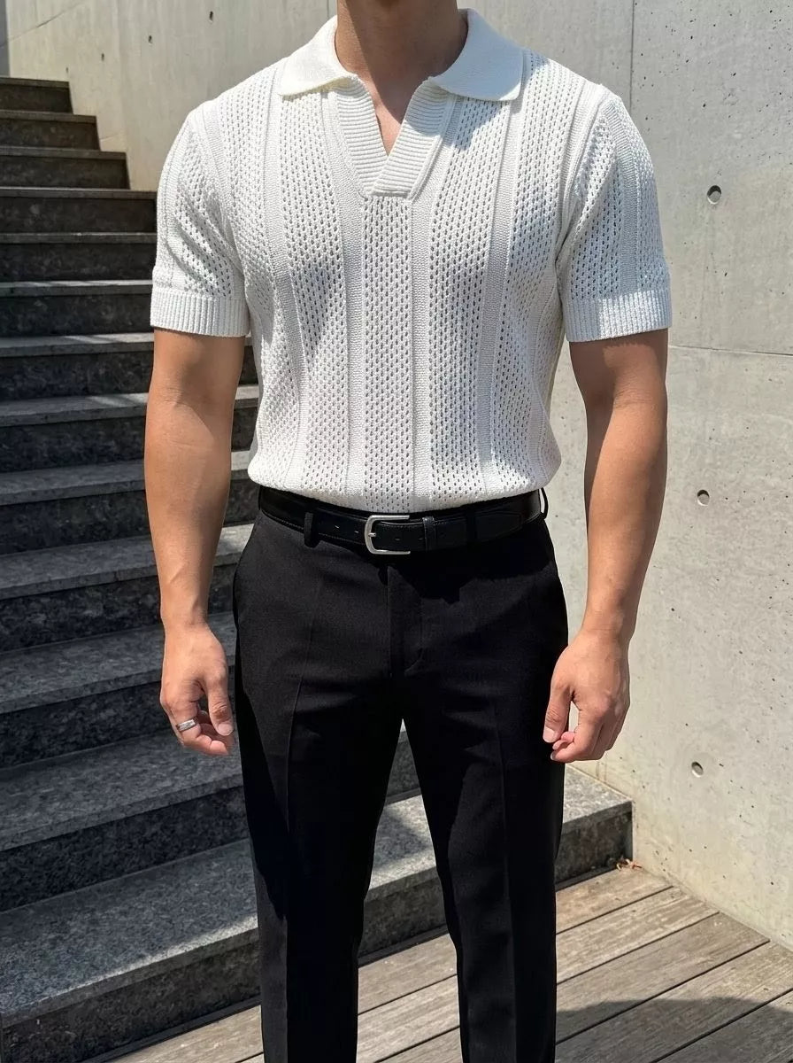 Hollow Out Knit Polo Shirt