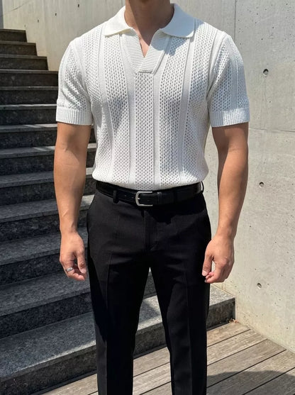 Hollow Out Knit Polo Shirt