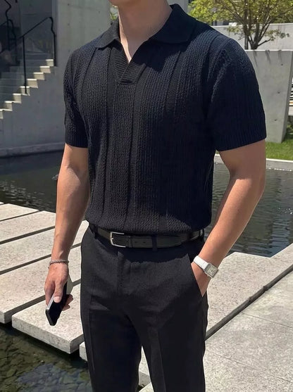 Hollow Out Knit Polo Shirt