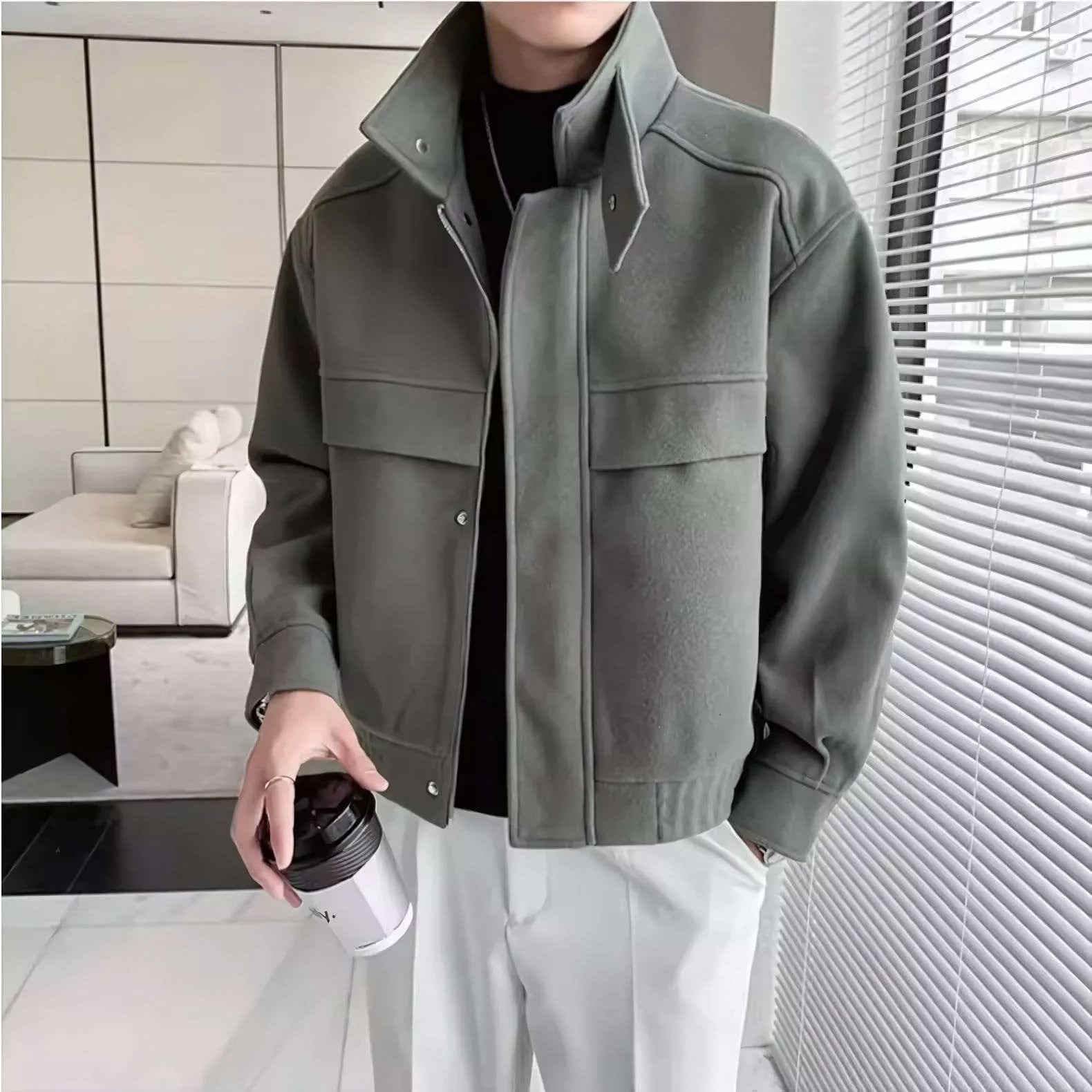 The Elite Stand Collar Woolen Jacket - Men's Stand Collar short Coat