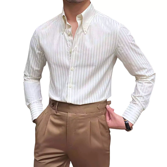 The Beaumont – Retro Striped Shirt - High-Quality Retro Striped Shirt: Vintage-Inspired Pointed Collar Alex Shogun Men's Clothes
