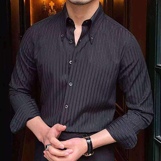 The Beaumont – Retro Striped Shirt - High-Quality Retro Striped Shirt: Vintage-Inspired Pointed Collar Alex Shogun Men's Clothes